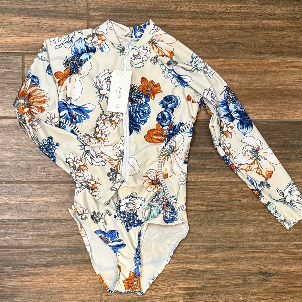 Zaful Floral Long Sleeve One Piece - Blue and Orange